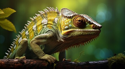 Wall Mural - green iguana on a tree, green iguana on a tree branch, close-up of colored chameleon on the tree, close-up of a chameleon in the forest, colorful chameleon face