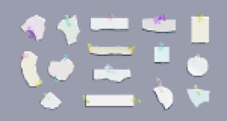 Poster - Pieces of paper with torn edges attached with adhesive tape. Realistic vector illustration set of cut collage cardboard of different shapes with teared borders. Sticky blank ragged and ripped sheets.