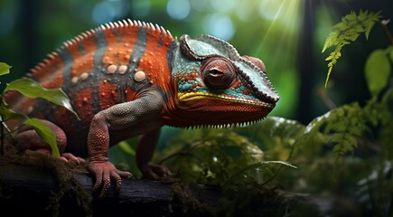 Wall Mural - green iguana on a tree, green iguana on a tree branch, close-up of colored chameleon on the tree, close-up of a chameleon in the forest, colorful chameleon face