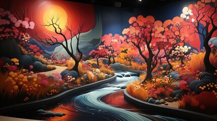 Wall Mural -  a painting of a river and trees with a sunset in the background.  generative ai