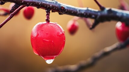 Poster -  a red apple hanging from a tree branch with water droplets on it.  generative ai