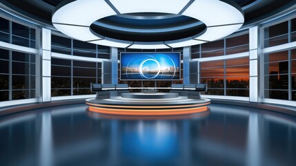 Poster - Television studio, Studio news with a large screen in the middle, Tv news studio.
