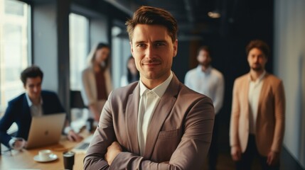 Aufkleber - Successful business man standing in a boardroom with his team, Conference room modern design.