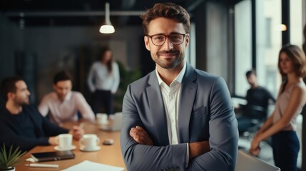 Aufkleber - Successful business man standing in a boardroom with his team, Conference room modern design.