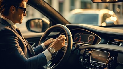 Poster - Successful businessman in suit driving luxury car on street.