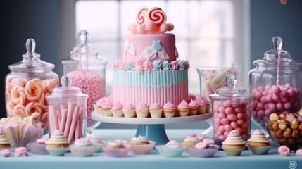 Poster - Tasty candy bar for Birthday party on table.