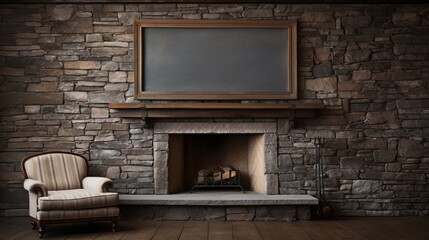 Blank frame above a stone fireplace in a cozy den.