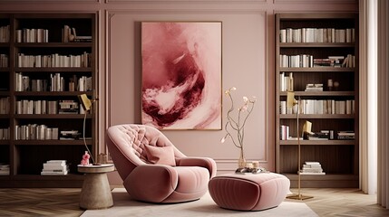 Sticker -  a pink chair and ottoman in a room with bookshelves.  generative ai