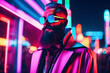 A photo featuring an old male model in outfit urban futuristic design. Blurred neon cyberpunk city as a background.