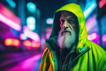 A photo featuring an old male model in outfit urban futuristic design. Blurred neon cyberpunk city as a background.