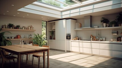 Cook in a kitchen with a large skylight and minimalist colors.