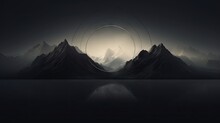  a black and white photo of mountains with a circle in the middle.  generative ai