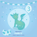 Fototapeta Dinusie - Cute baby boy dragon and dinosaur character, birthday invitation. 3 year. Vector illustration, eps 10