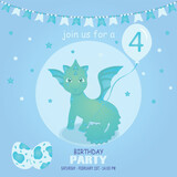 Fototapeta Dinusie - Cute baby boy dragon and dinosaur character, birthday invitation. 4 year. Vector illustration, eps 10
