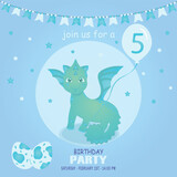 Fototapeta Dinusie - Cute baby boy dragon and dinosaur character, birthday invitation. 5 year. Vector illustration, eps 10
