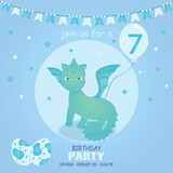 Fototapeta Dinusie - Cute baby boy dragon and dinosaur character, birthday invitation. 7 year. Vector illustration, eps 10