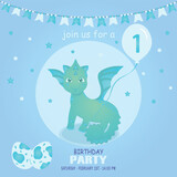 Fototapeta Dinusie - Cute baby boy dragon and dinosaur character, birthday invitation. 1 year. Vector illustration, eps 10