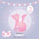 Fototapeta Dinusie - Cute baby girl dragon and dinosaur character, birthday invitation. 2 year. Vector illustration, eps 10
