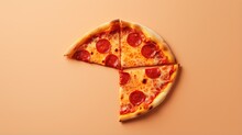  two slices of pepperoni pizza on a pink background with a slice missing.  generative ai