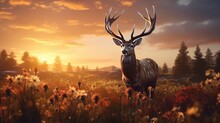 Majestic Deer In Meadow At Sunrise, AI-generative