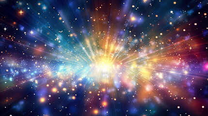 Wall Mural - Abstract backgound with blue and orange light rays. God rays or light burst with bokeh.