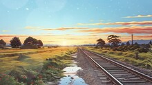 Spring Sunset On Railway Tracks, Railroad Track Leading Through Grass Field And Forest At Sunset With Blue And Orange Sky
