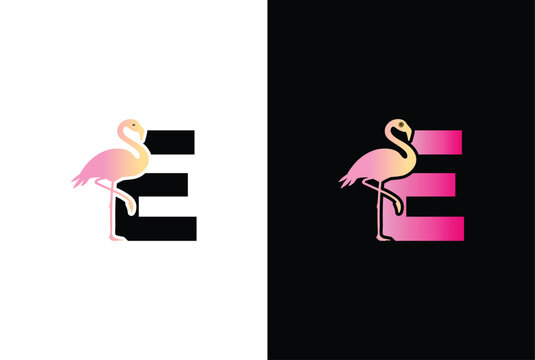 Initial E Flamingo bird logo. Flamingo bird icon with letter E Logo design vector template.