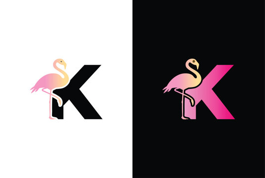 Initial K Flamingo bird logo. Flamingo bird icon with letter K Logo design vector template.