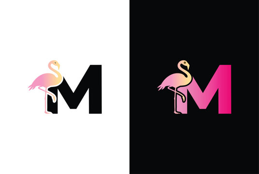 Initial M Flamingo bird logo. Flamingo bird icon with letter M Logo design vector template.