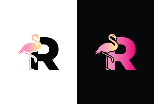 Initial R Flamingo bird logo. Flamingo bird icon with letter R Logo design vector template.