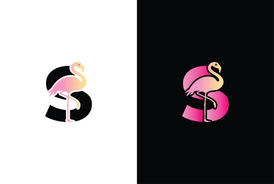 Initial S Flamingo bird logo. Flamingo bird icon with letter S Logo design vector template.