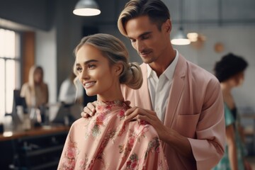 Poster - A woman sits in a salon chair as a man cuts her hair. This image can be used to showcase a hair salon or barbershop, as well as for advertising hair products or services.