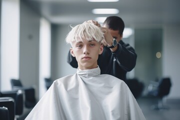 Poster - A picture of a man getting his hair cut in a salon. This image can be used to showcase salon services or to depict personal grooming and self-care.