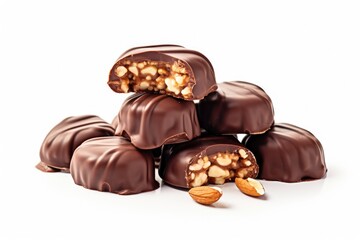 Poster - A pile of chocolate covered nuts stacked on top of each other. This image can be used to showcase delicious and indulgent treats or to illustrate the concept of a tempting dessert. .
