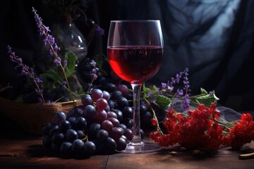 Poster - A glass of wine placed next to a bunch of fresh grapes. This image can be used to depict the concept of relaxation, indulgence, or the enjoyment of wine.