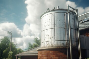 Aufkleber - A large metal tank sitting atop a brick building. This versatile image can be used to depict industrial settings, water storage, urban landscapes, or architectural elements.