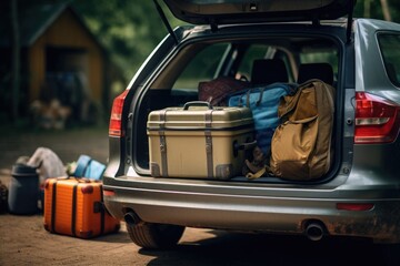 Poster - A picture of a car with luggage stored in the trunk. This image can be used to depict travel, road trips, vacation, or transportation.