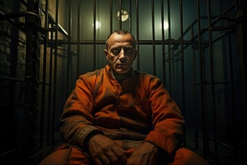 Poster - A man sitting in a jail cell with his hands on his knees. This image can be used to depict incarceration, imprisonment, or the justice system.