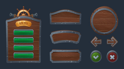 Poster - Wood pirate ui game frame and board button vector. Wooden texture menu interface with arrow, panel and signboard 2d shape. Round metal web plank for medieval mobile app. Brown fantasy plate kit
