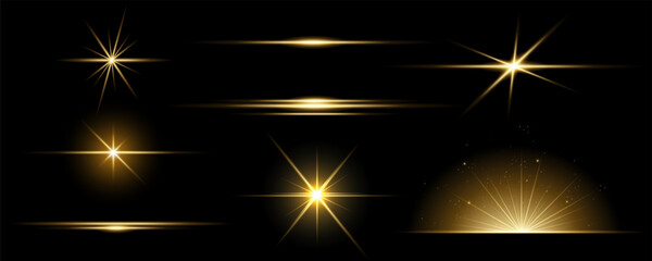 Wall Mural - gold line light glow with sparkle and flare shine. horizontal golden neon streak effect isolated on 