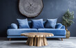Blue velvet sofa with blue cushions and a cross wood coverlet