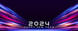 © ikril - Happy new year 2024 design. Panoramic high speed technology concept, light abstract background. Image of speed motion on the road. Premium vector design for poster, banner.