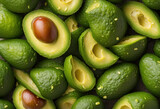 Fototapeta  - Green ripe avocado background. Fresh tropical fruit banner. Persea Americana surface, close-up. Guacamole ingredient, generated by AI
