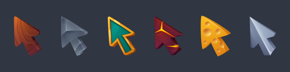 Poster - Cursor pointers for game user interface. Cartoon vector illustration set of various mouse arrows made from wood and stone, ground with cracks and metal, cheese with holes and gold with gemstones.
