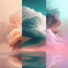 Sticker - a series of four images with different clouds in the sky and water below them. Generative ai