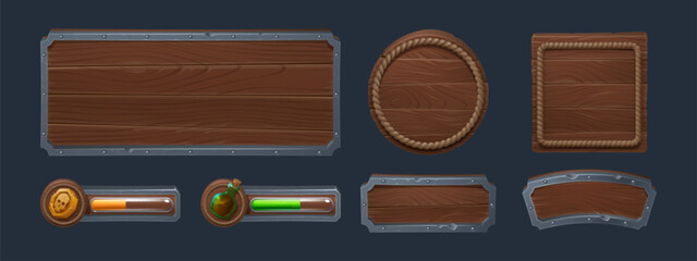 Poster - Wooden frames and boards with copy space, score bars for game user interface design. Cartoon set of round and rectangular menu and text panels and banners with texture of wood and metal or rope border