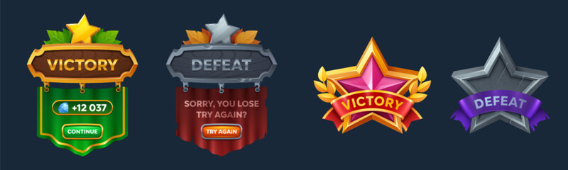 Victory and defeat ui game screen icon with ribbon. Rpg wood vector emblem with star for won and lose medieval badge assets. Decorative pink success banner with button to continue or try again