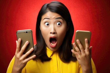 A woman holding two cell phones in front of her face. This image can be used to depict multitasking, communication, or technology in modern society.