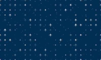 Poster - Seamless background pattern of evenly spaced white airplane symbols of different sizes and opacity. Vector illustration on dark blue background with stars