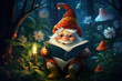 Cute sleepy gnome, reading book, night forest. Cartoon character.
